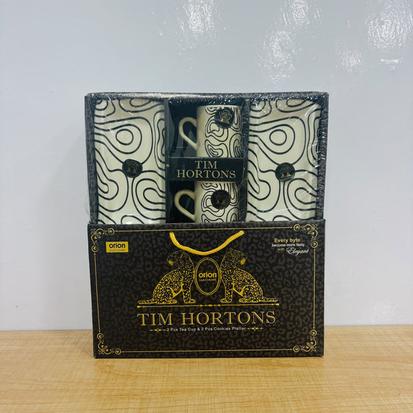 A07853 TIM HORTONS Orion Glassware Printed Tea Cup & Cookies Platter Gift Set (4 Pcs)