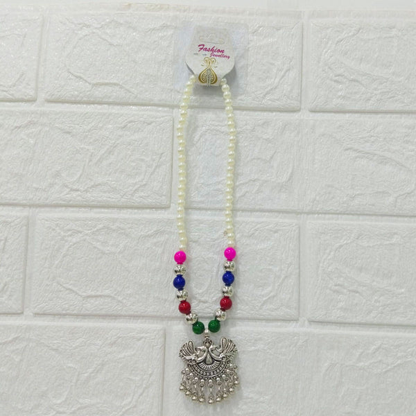 Di0305 Oxidized Silver Pendant Necklace with Pearl & Multicolor Beads
