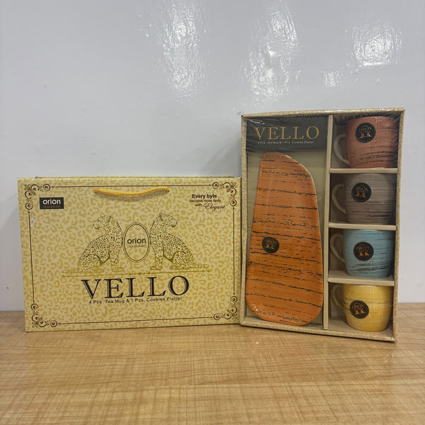 A07854 VELLO 5-Piece Tea Mug & Cookies Platter Set (4 Mugs + 1 Platter)