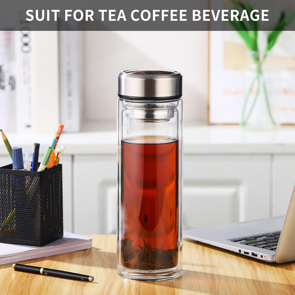 AM3881 Glass Tea Infuser Bottle, Leakproof Tea Mug Tumbler with Strainer and Sleeve