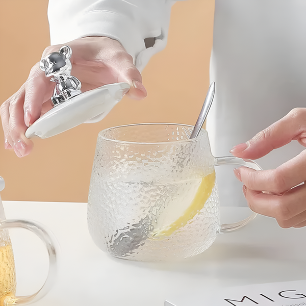 AM7133 Glass Tea Coffee Mug with White Teddy Bear Handle Heat-Resistant Tea Cup