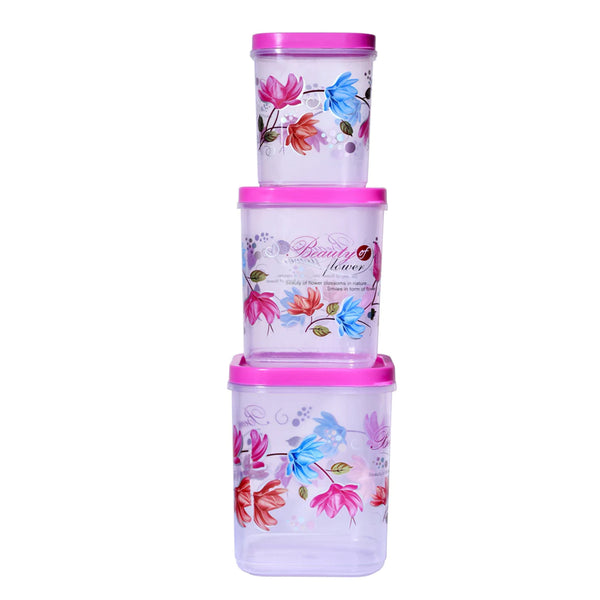 3933 Airtight Flower Printed Kitchen Storage Container - Transparent (Multicolor) Set of 3pcs (6000 x 8000 x 11000 ml)