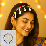 Di0042 Navratri MIx Design Colorful Braided Hairband with Cowrie Shells & Pom-Pom Ends