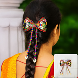 Di0040 Navratri MIx Design Embroidered Bow Hair Clip with Mirror Work & Hanging Shell Beads