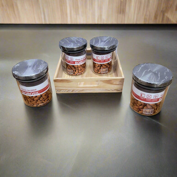 AM5171 Borosil Classic Jars With Wooden Tray - 4Pcs (600 ml Each)