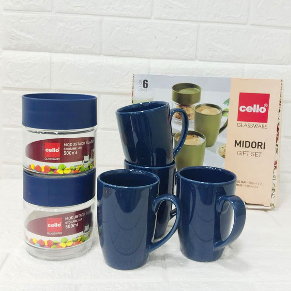 Di0247 Cello Midori Gift Set - 6-Piece Combo with 4 Ceramic Coffee Mugs (230ml) & 2 Glass Storage Jars (500ml)
