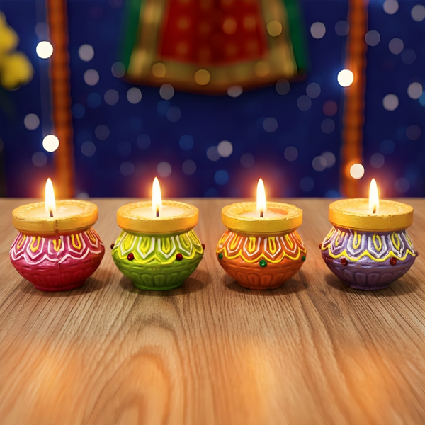 Di0384 Handcrafted Diwali Matka Style Wax Diyas – Multidesign Colorful