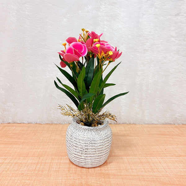 TM0030 Artificial Pink Floral Arrangement in Textured White Ceramic Pot