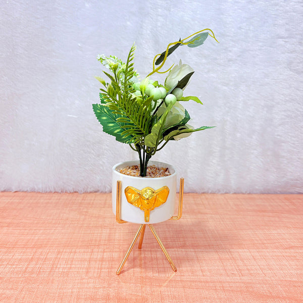 TM0032 Artificial Flower Plant in White Elephant Ceramic Pot with Golden Tripod Stand
