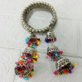 Di0220 Navratri Special Oxidized Silver Bracelet with Colorful Beaded Jhumka Charms