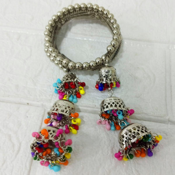 Di0220 Navratri Special Oxidized Silver Bracelet with Colorful Beaded Jhumka Charms