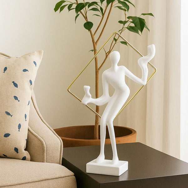 TM0016 Modern Abstract Ceramic Figure with Gold Geometric Frame Sculpture