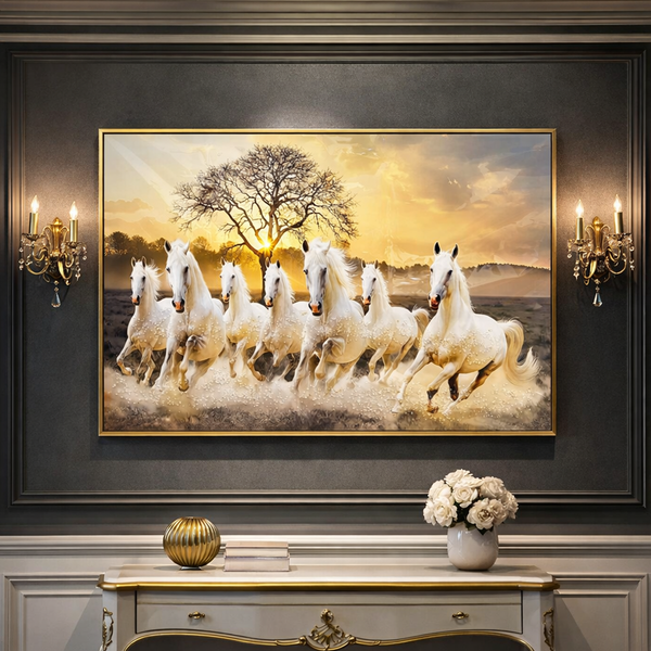 TM0192 MixDesign 7 Running White Horses Vastu Wall Art with Golden Frame 47x31 Inch