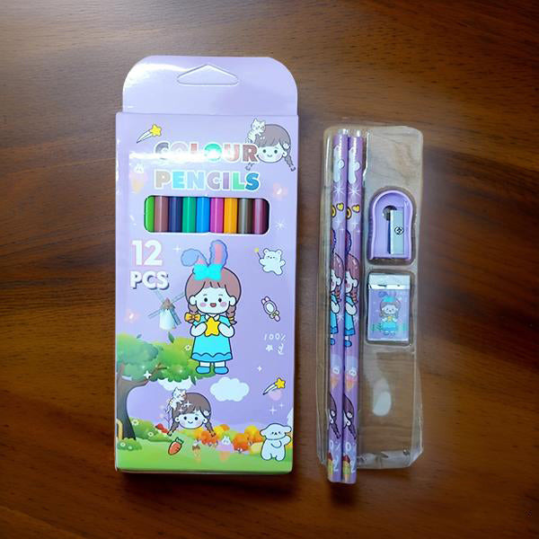 AM3845 5 in 1 Purple Drawing School Stationery Set