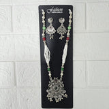 Di0047 Navratri Intricate Oxidized Silver Floral & Jali Necklace with Beaded Earings
