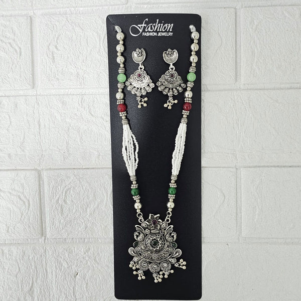 Di0047 Navratri Intricate Oxidized Silver Floral & Jali Necklace with Beaded Earings