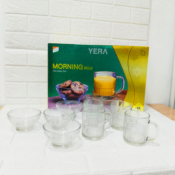Di0203 YERA Morning Mist Glass Tea Snax Set - 10 Piece Combo (6 Mugs & 4 Bowls)