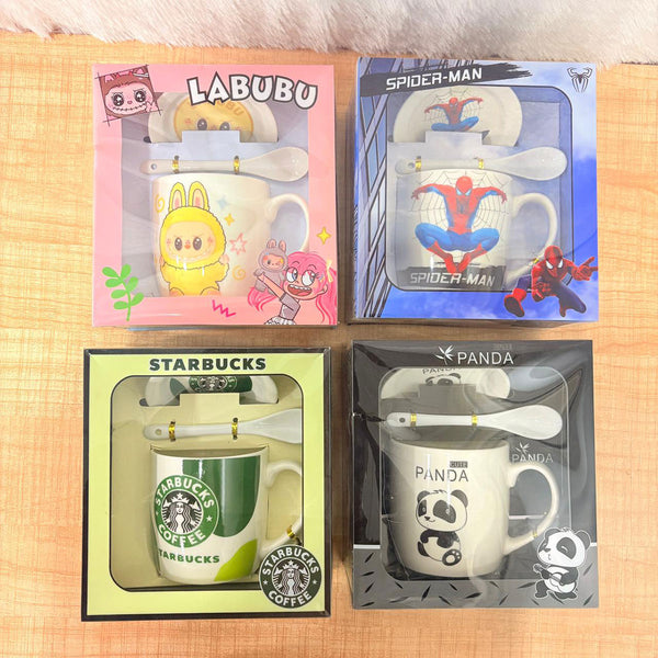 AM6523 Mix Design Ceramic Coffee Mug Gift Set with Saucer & Spoon (3-Piece)