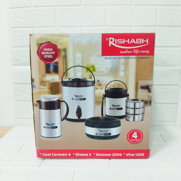 Di0192 Rishabh Small Multipurpose Thermo-Steel 4-Piece Set - Insulated Water Jug, Hot Pot, Lunch Box, and Coffee Pot