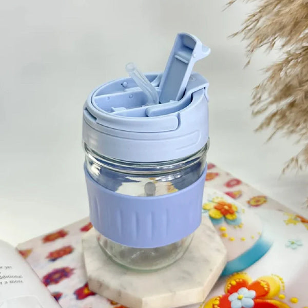 AM5066 Travel Glass Sipper with Lid and Straw 350 ml, Reusable Glass Tumbler with Lid and Straw