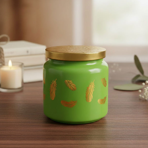 TM0076 Wonder Lime Green Feather Design Decorative Jar with Gold Lid - 1pc