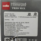 Di0387 Cello Dry Iron Trio Max 1000 W – Lightweight & Efficient Ironing