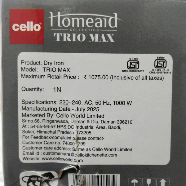 Di0387 Cello Dry Iron Trio Max 1000 W – Lightweight & Efficient Ironing