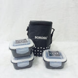 AM6189 Borosil Kube Black Glass Lunch Box, Square x 3 (Tall), Set of 3, 320ml