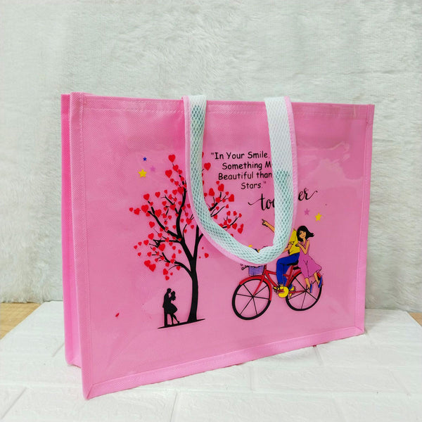 AM6281 Big Love Theme Pink Jute Bag - Reusable Shopping & Gift Carry Bag