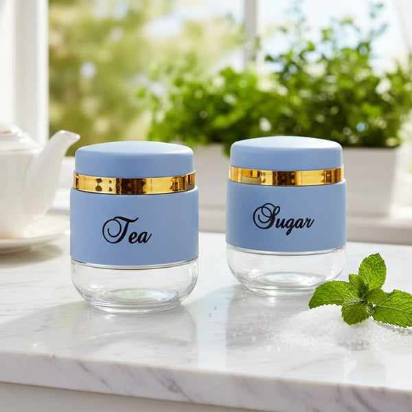 TM0078 2-Piece Glass Tea & Sugar Canister Set – Powder Blue & Gold