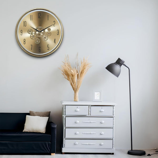 AM5947 The Moving Hour Luxury Designer Analog Gold Wall Clock with Moving Gear Mechanism