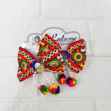 Di0041 Navratri Multicolor Embroidered Bow Hair Clip with Mirror Work & Pom-Pom Danglers [Pack of 2]