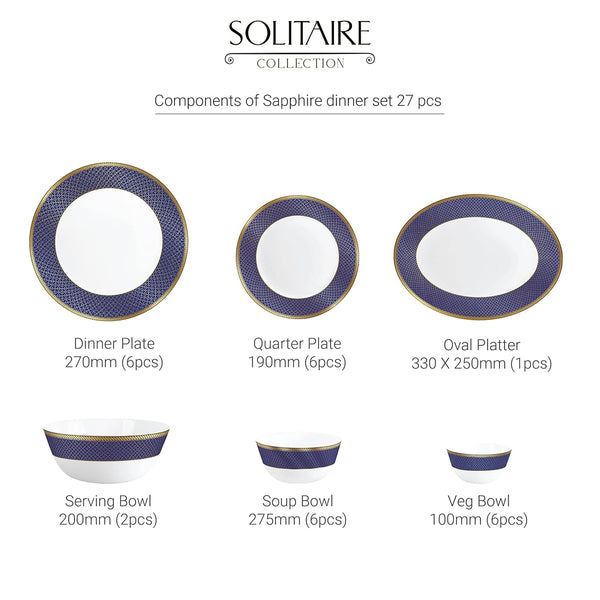 AM5752 Cello Opalware Solitaire Series Sapphire Dinner Set, 27 Units - Opal Glass Dinner Set for 1 | Crockery Set for Festive Ocassions, Parties | White Plate and Bowl Set