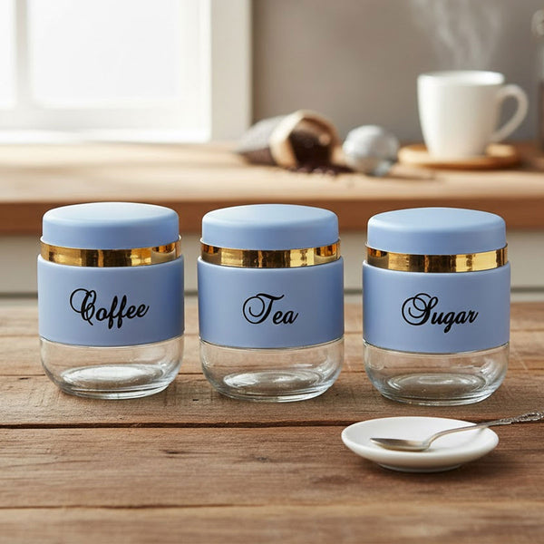 TM0079 3-Piece Glass Coffee, Tea & Sugar Canister Set – Powder Blue & Gold