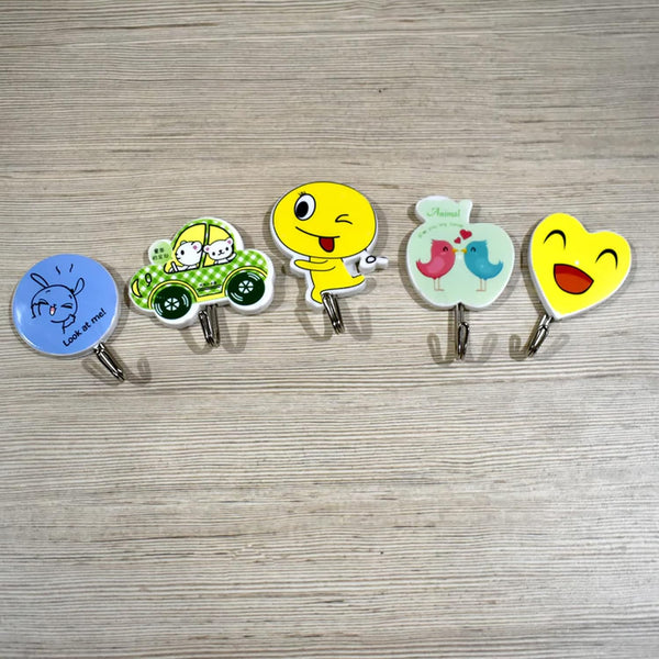 AM5215 Plastic Printed Fancy Self Adhesive Printed Waterproof Adhesive Strong Wall Hook, Multicolour (Multi Design & Color) 3 Pcs