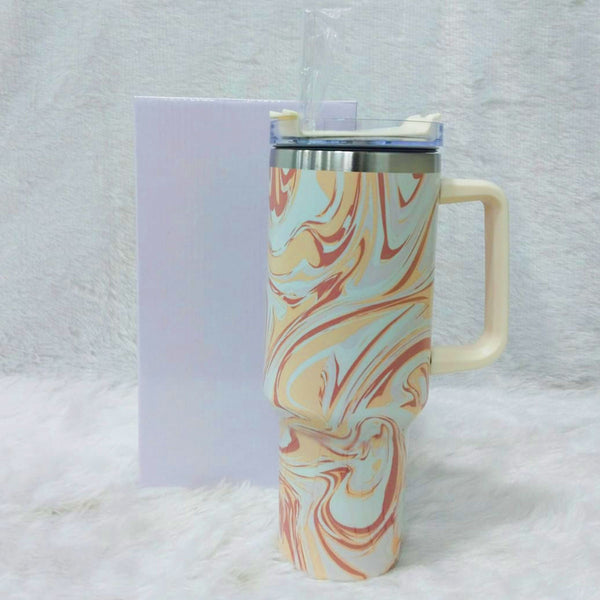 AM6258 Marble Swirl Stainless Steel Tumbler with Handle, Lid & Straw