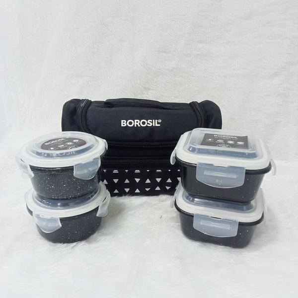 AM6191 Borosil Kube Black Universal Glass Lunchbox, 320ml x 2 + 240ml x 2