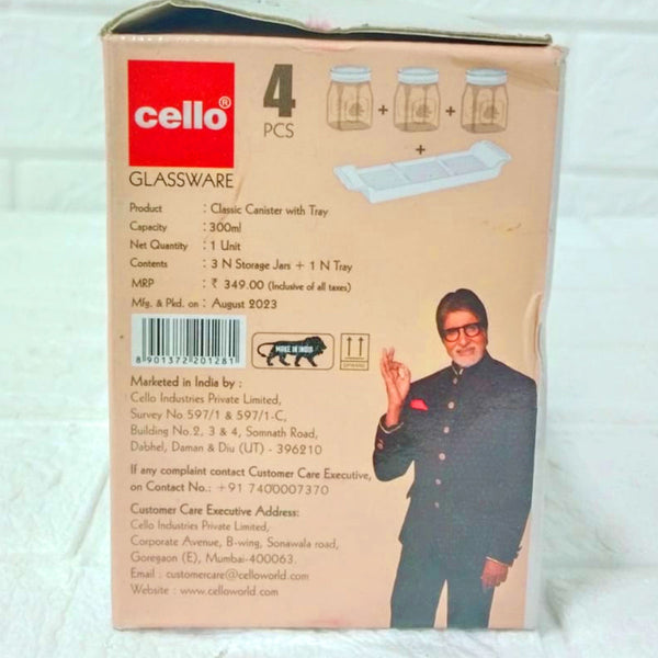 Di0196 Cello Classic Canister Set with Tray – 4 Pcs (3 Storage Jars 300ml + 1 Tray)