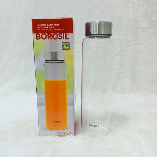 AM6163 Borosil Crysto Slim Glass Bottle with Sliver SS Lid - 1 Ltr