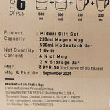 Di0247 Cello Midori Gift Set - 6-Piece Combo with 4 Ceramic Coffee Mugs (230ml) & 2 Glass Storage Jars (500ml)