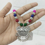Di0305 Oxidized Silver Pendant Necklace with Pearl & Multicolor Beads