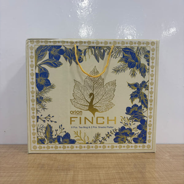A07850 Finch 8 Pcs Printed Ceramic Tea Mug & Snack Platter Set with Gift Box