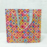 AM6282 Medium Vibrant Geometric & Floral Print Zipper Jute Bag - Reusable Shopping and Carry Bag