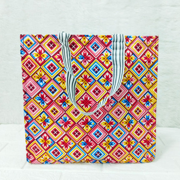 AM6282 Medium Vibrant Geometric & Floral Print Zipper Jute Bag - Reusable Shopping and Carry Bag