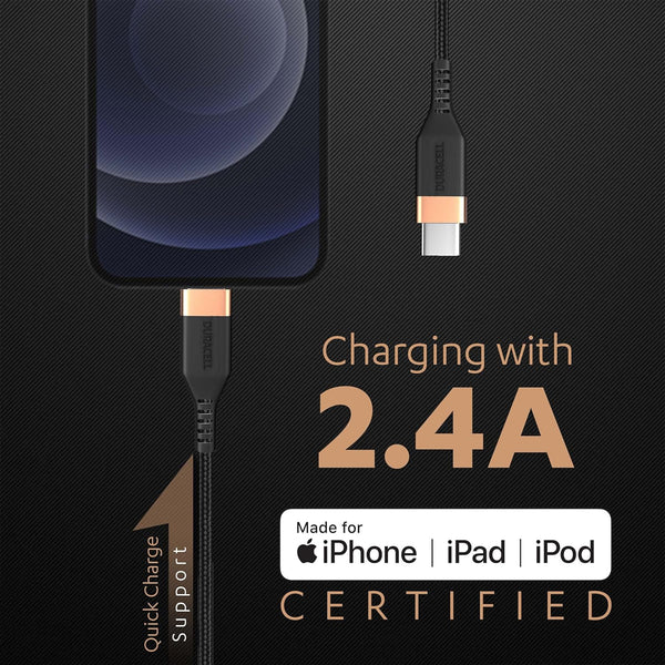 AM5885 Duracell USB Type C To Lightning Apple Certified (Mfi) Braided Sync & Charge Cable - 3.9 Feet (1.2M)