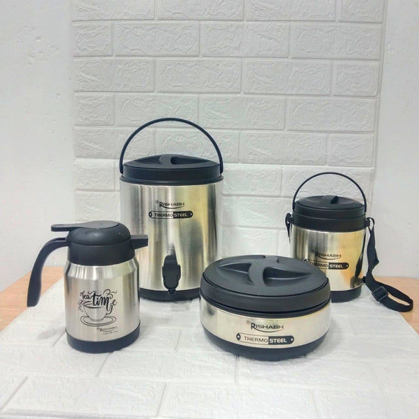Di0191 Rishabh Big Multipurpose Thermo-Steel 4-Piece Set - Insulated Water Jug, Casserole, Tea Pot, and Lunch Box