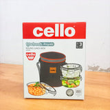 AM5449 Cello Royale Round Glass Lunch Box 400ml x 3 N with Vertical Jacket & 2 Spoons (Pack of 3Pc)