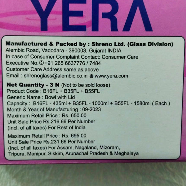 Di0199 YERA Polo Glass Bowl Set with Lids  - 3-Piece (435ml, 1000ml, 1580ml)