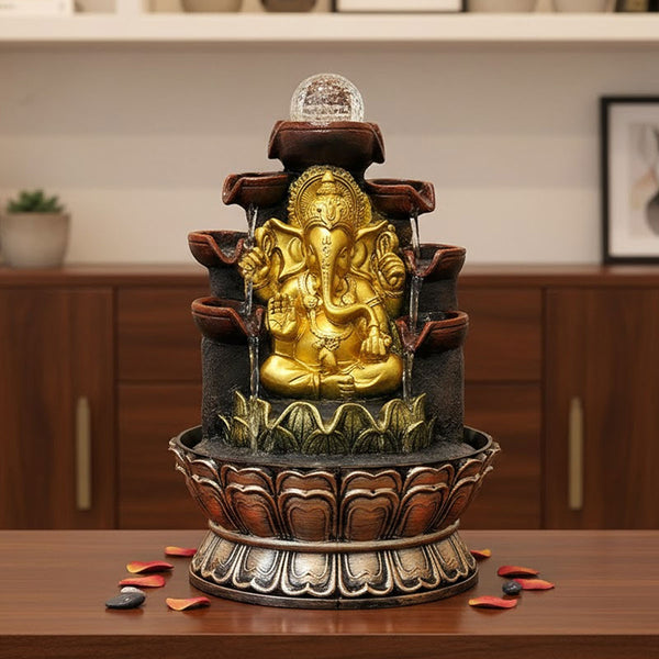 TM0019 Lord Ganesha Tiered Indoor Water Fountain with LED/Crystal Ball Accent