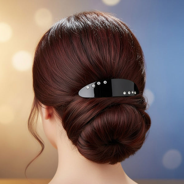 AM6390 Elegant Black Oval Rhinestone Hair Clip - Sparkle Snap Barrette